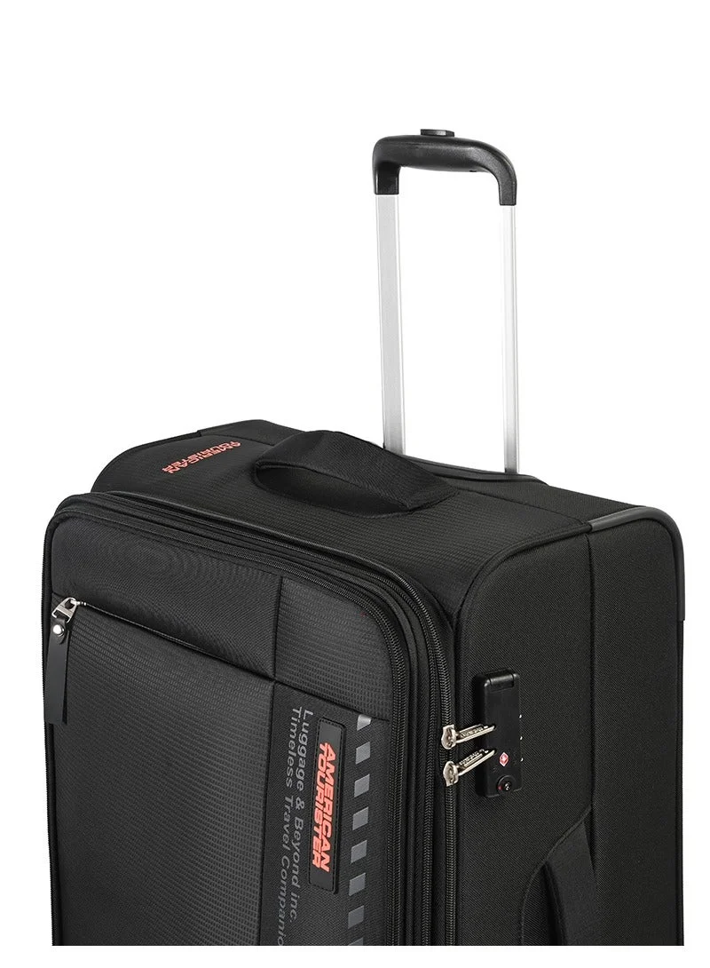 AMERICAN TOURISTER black Marina Suitcase, Check-In Size 70 cm / 26 inch, 4 Spinner Wheels, Soft Top, 100% Polyester, Black|Inner Mesh Zippered Pocket|Expandable|TSA Lock|Voluminous Front Pocket - 3 Years International Warranty  | Best Price UAE